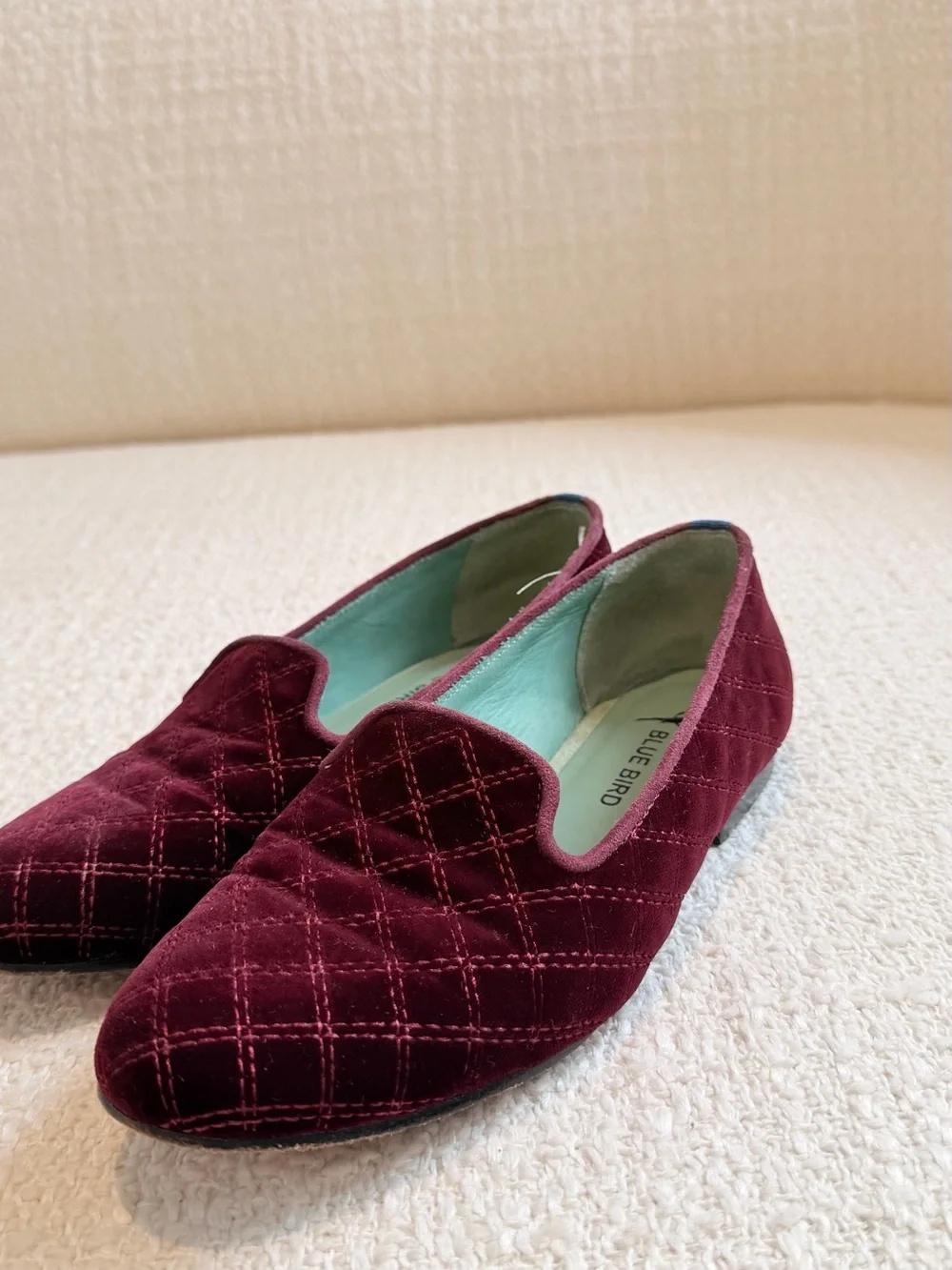 Authentic Blue Bird Burgundy Velvet Quilted Loafers – Size 37